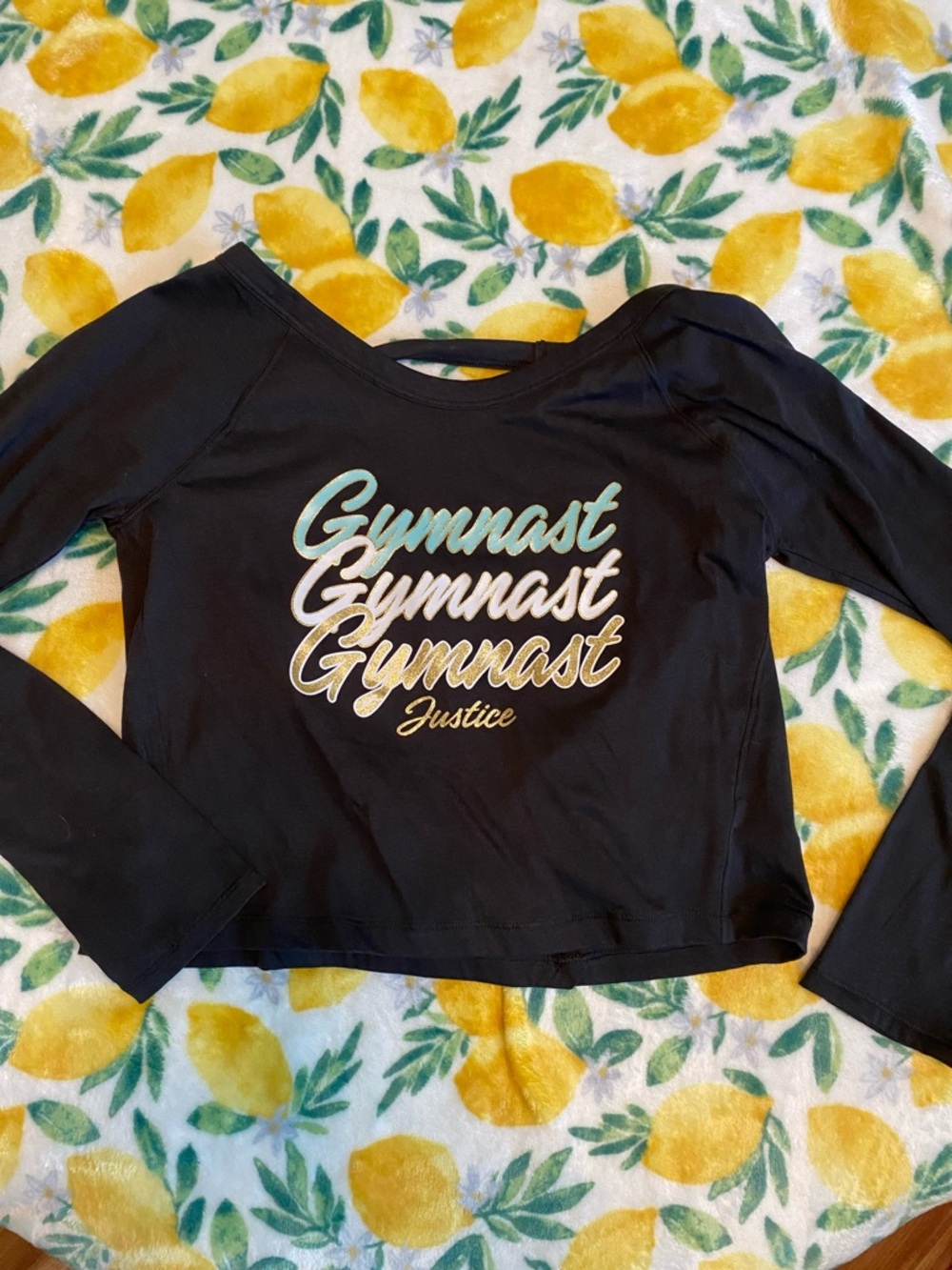 Justice Black Long Sleeve Tee with Multicolor 'Gymnast' Script, Open back